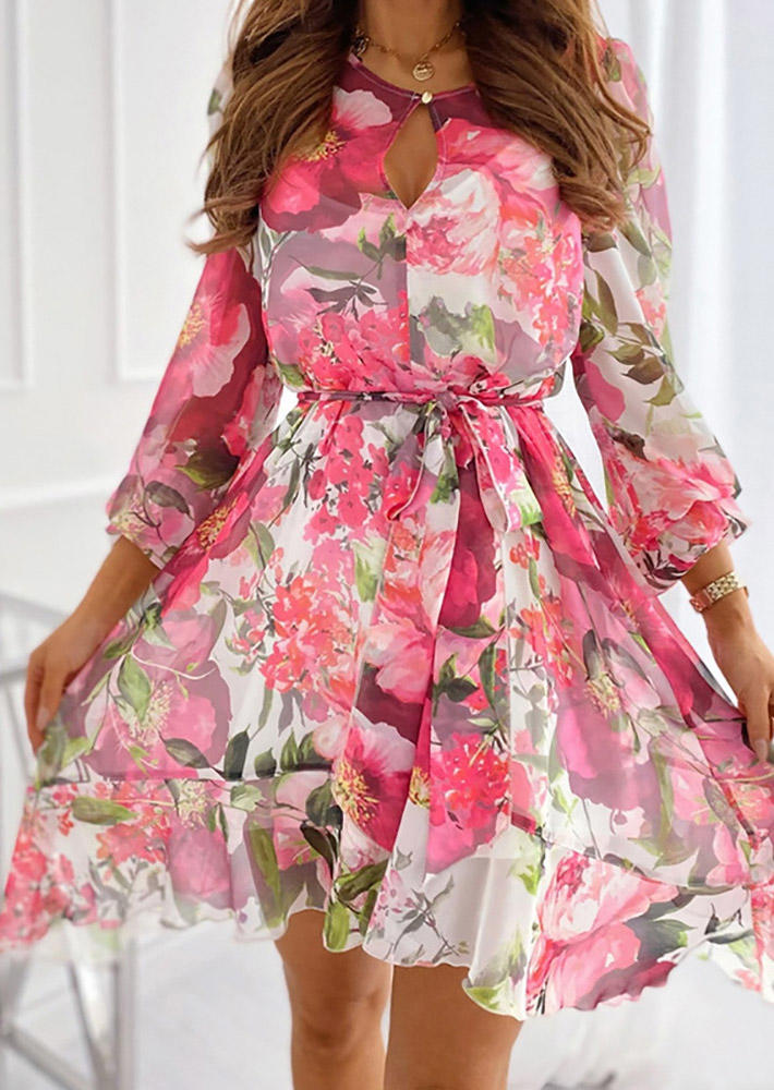 

Floral Hollow Out Long Sleeve Mini Dress, Multicolor, 526766