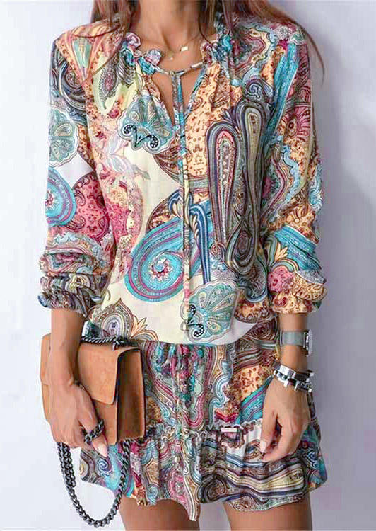 

Ruffled Tie Long Sleeve Mini Dress, Multicolor, 526772
