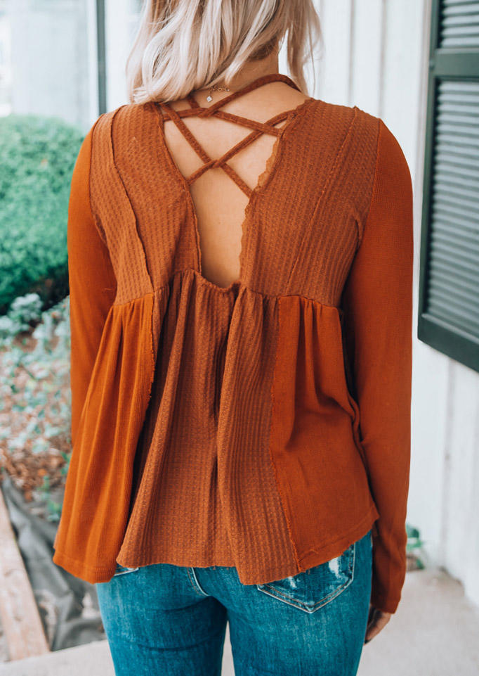 

Splicing Open Back Ruffled Blouse - Brick Red, 527115