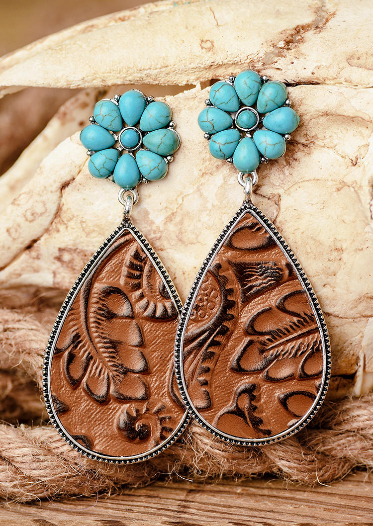 

Western Turquoise Floral Tooled Pattern Alloy Earrings, Brown, 526529
