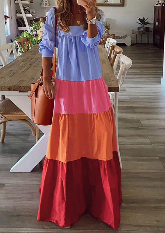 

Color Block Long Sleeve Maxi Dress, Multicolor, 526670