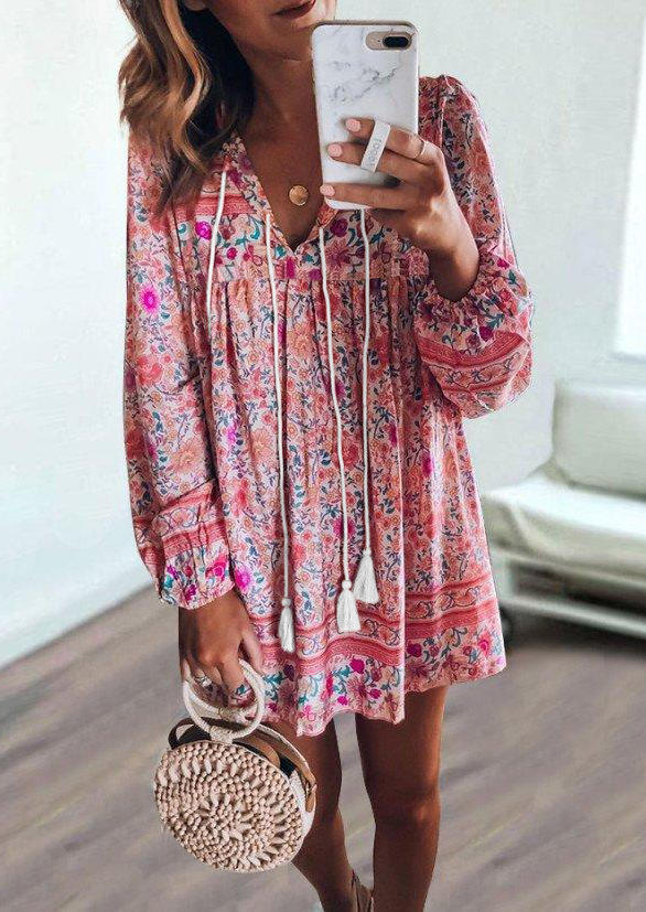 

Floral Tassel Drawstring V-Neck Mini Dress, Multicolor, 526883