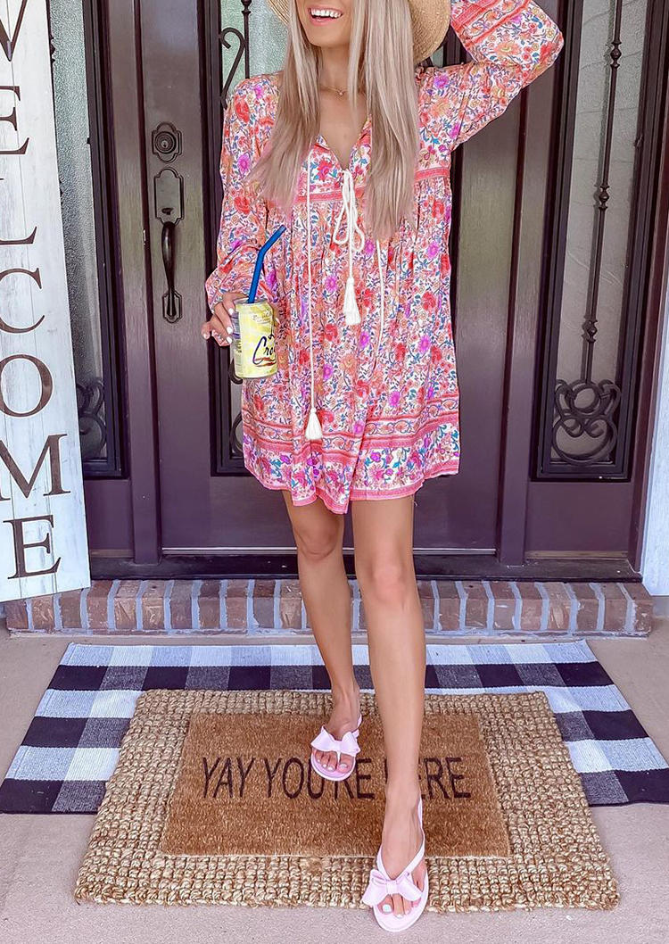 Floral Tassel Drawstring V-Neck Mini Dress