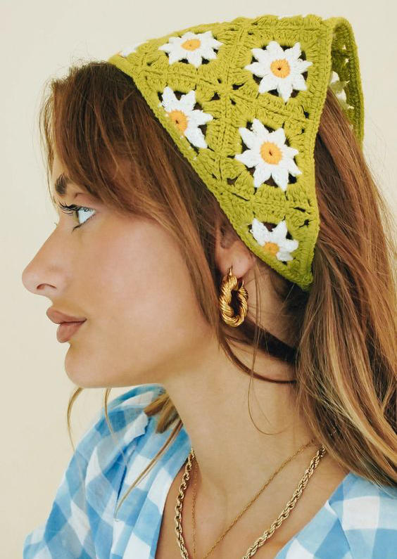 

Daisy Crochet Knitted Triangle Headband, Green, 526888