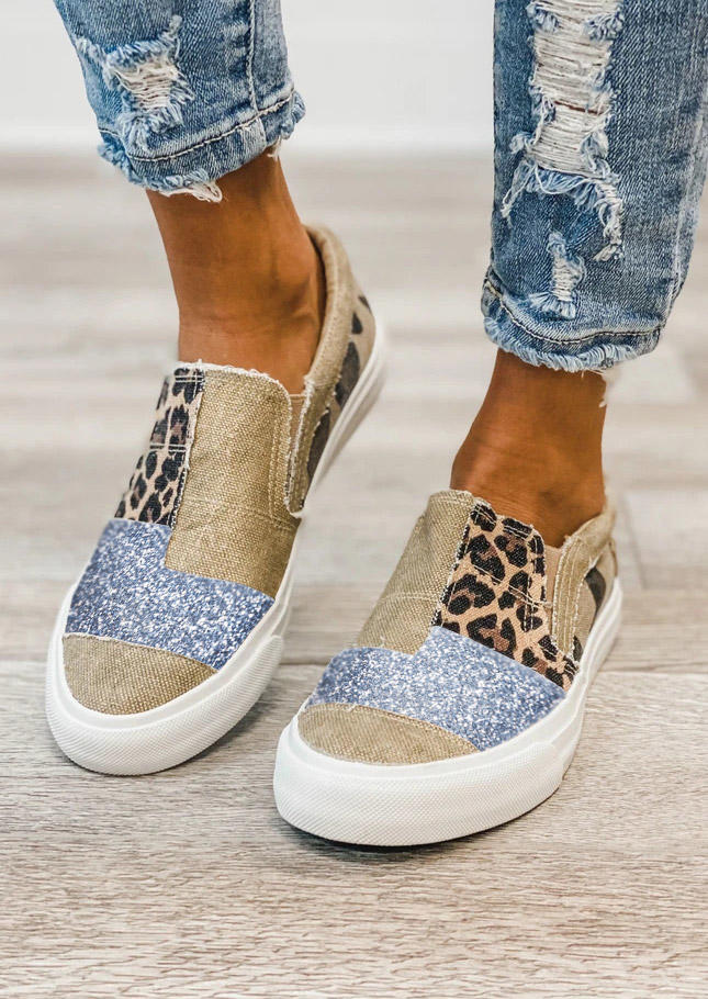 

Glitter Leopard Splicing Round Toe Flat Sneakers, 526899
