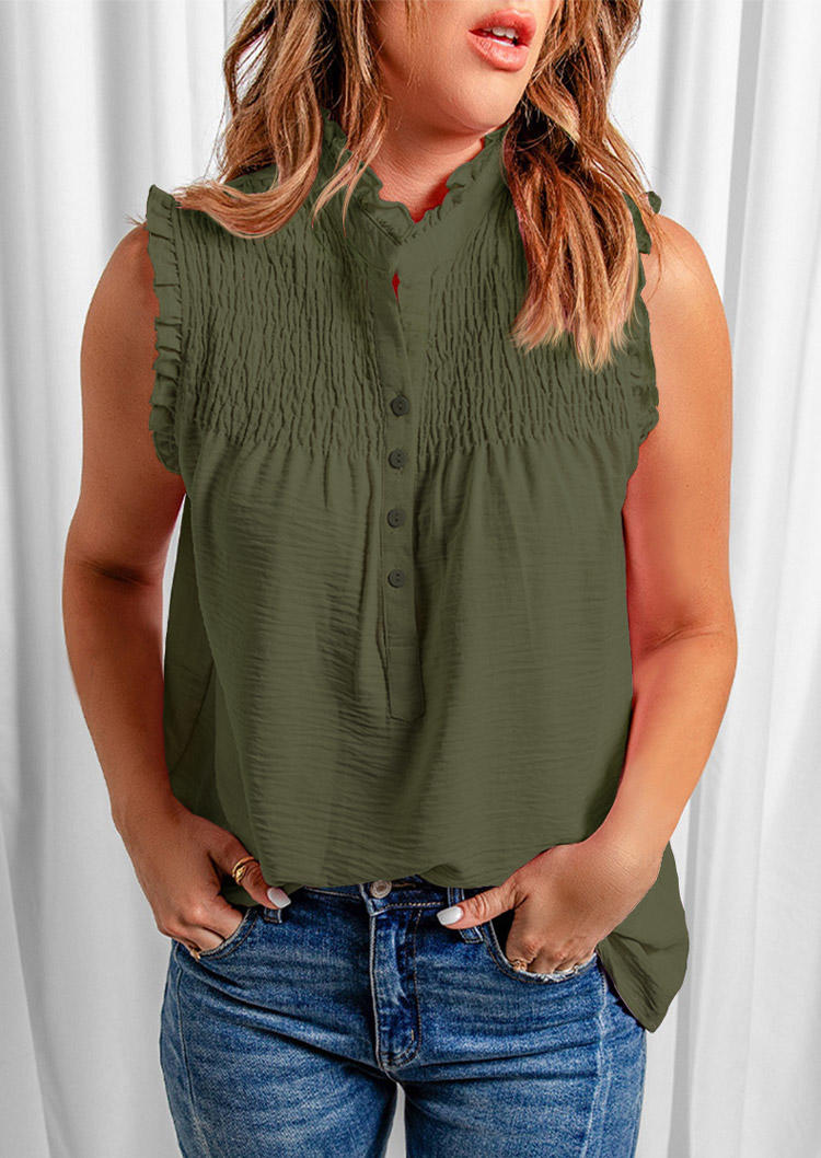 

Smocked Button Ruffled Tank - Army Green, 526907