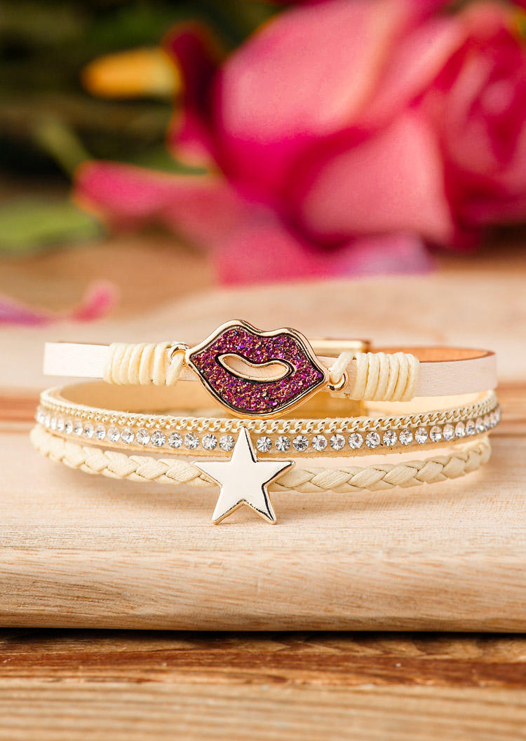 

Star Lips Rhinestone Magnet Buckle Bracelet, Black;beige, 527036