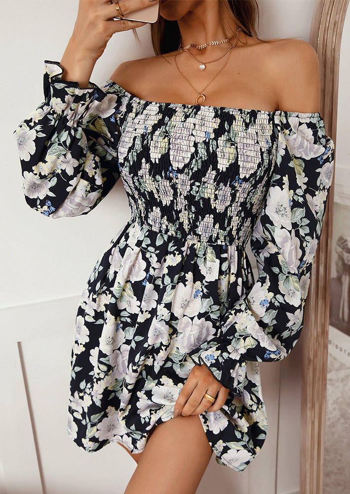 

Floral Smocked Off Shoulder Mini Dress, Multicolor, 527104