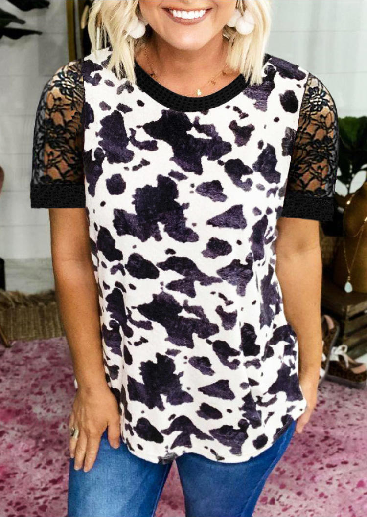 

Cow Lace Short Sleeve Blouse - White, SCM000098