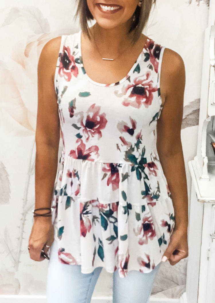 

Floral Ruffled Sleeveless Tank - White, SCM000118
