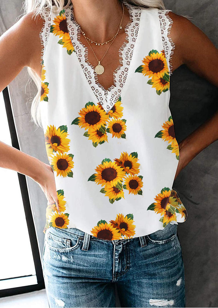 

Lace Sunflower Sleeveless Tank - White, SCM000094