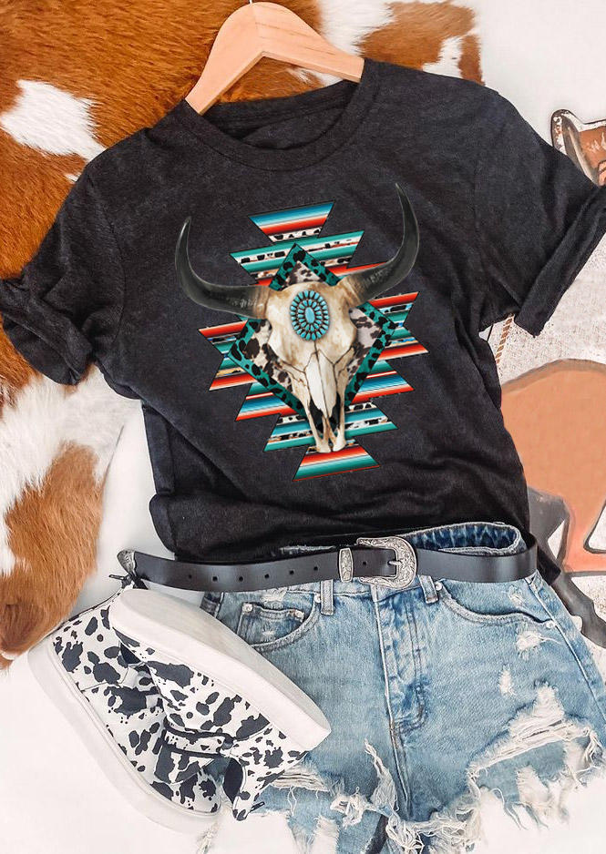 Aztec Geometric Steer Skull Turquoise T-Shirt Tee - Dark Grey