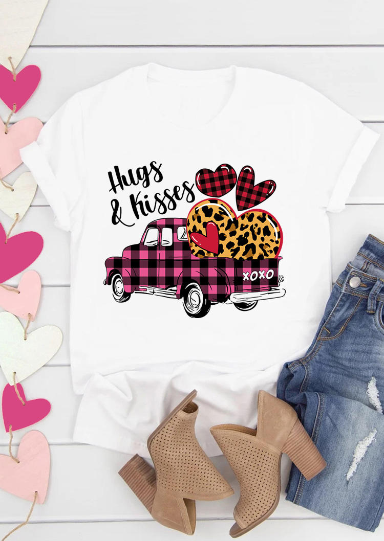 Truck Hugs & Kisses Leopard Plaid T-Shirt Tee - Beige