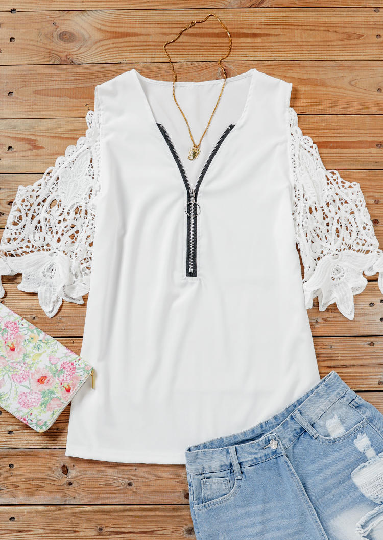 Lace Floral Cold Shoulder Zipper Blouse - White