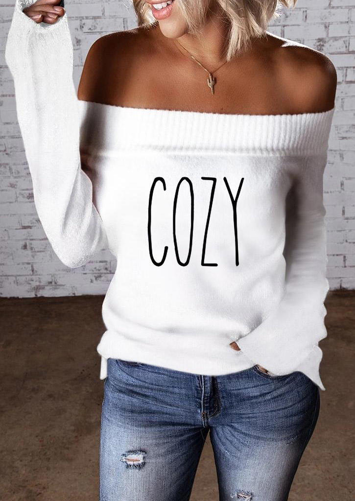 

Cozy Off Shoulder Long Sleeve Sweater - White, 526952