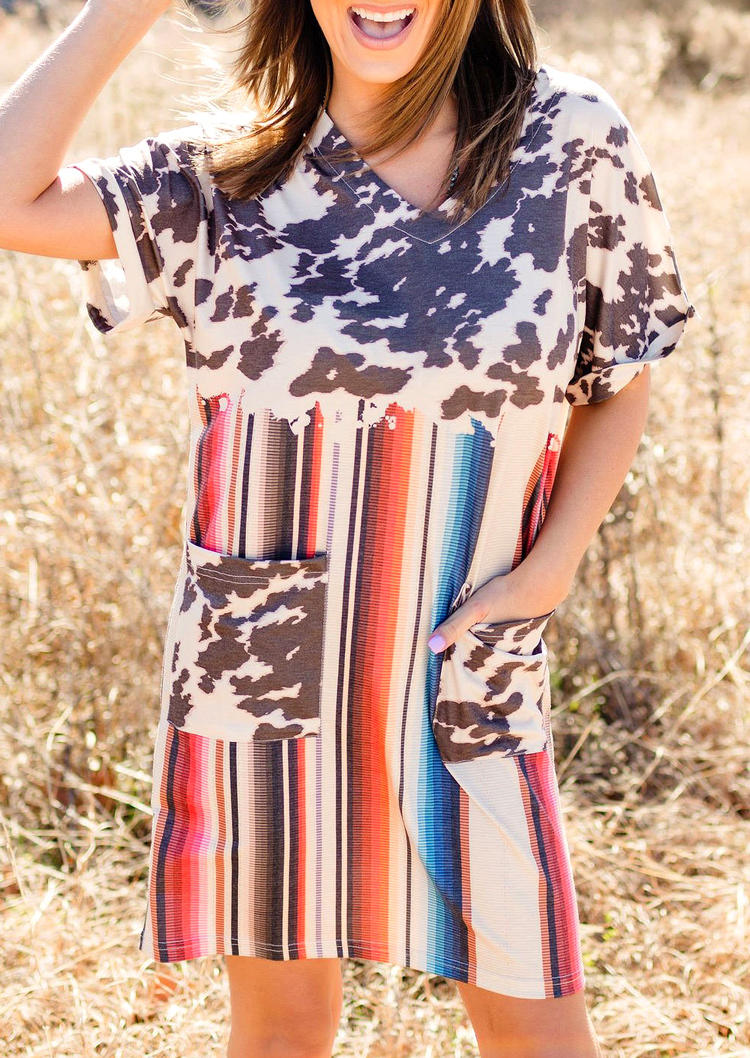 

Cow Serape Striped Pocket Mini Dress, Multicolor, 526962