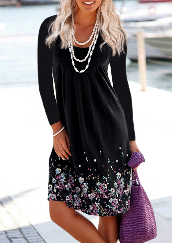 

Floral Long Sleeve Mini Dress - Black, 526981