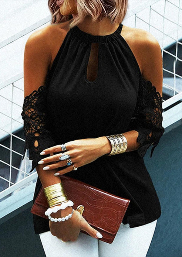 

Lace Hollow Out Cold Shoulder Blouse - Black, 527057