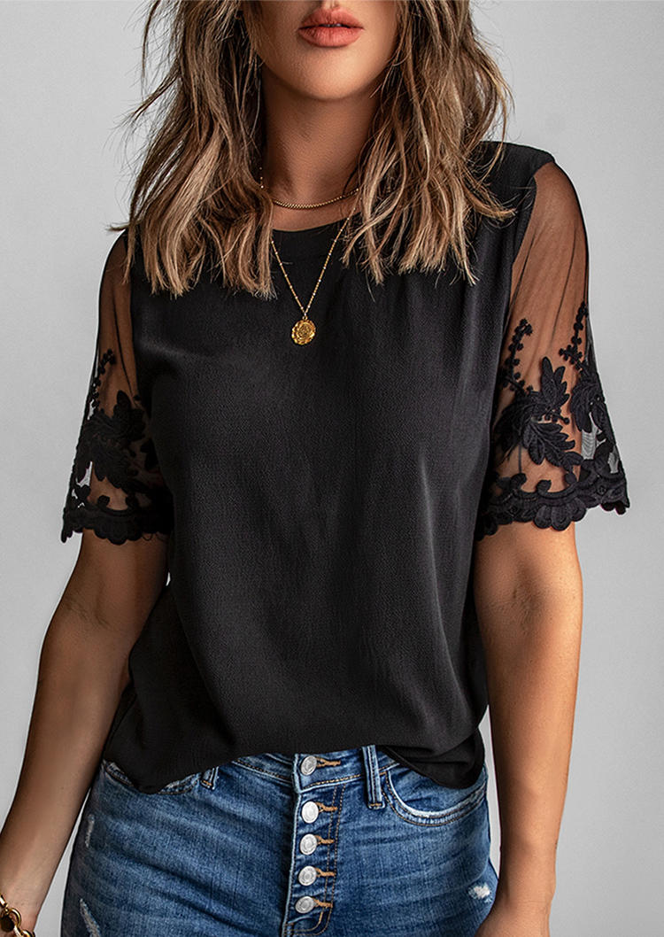 

Lace Splicing Short Sleeve Blouse - Black, 527411