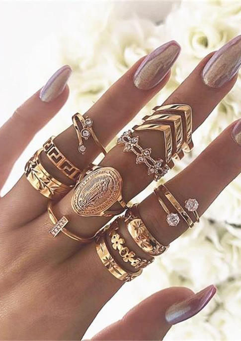 

13Pcs Rhinestone Hollow Out Ring Set, Gold, 527413