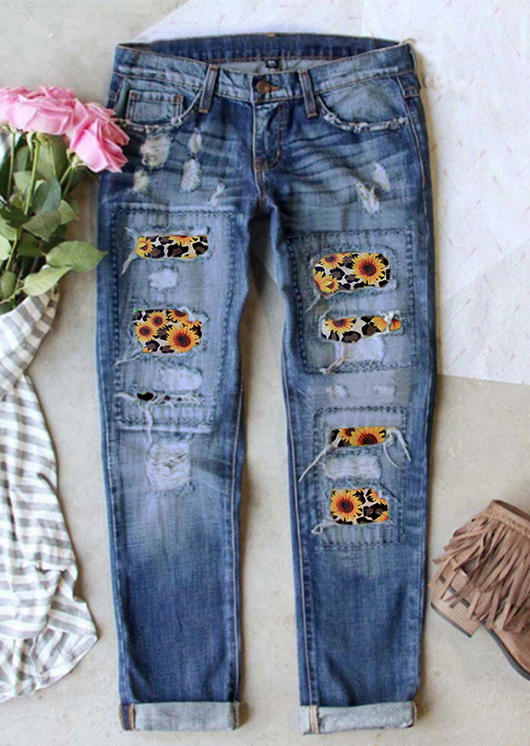 

Sunflower Leopard Ripped Hole Patch Distressed Denim Jeans - Blue, 526503