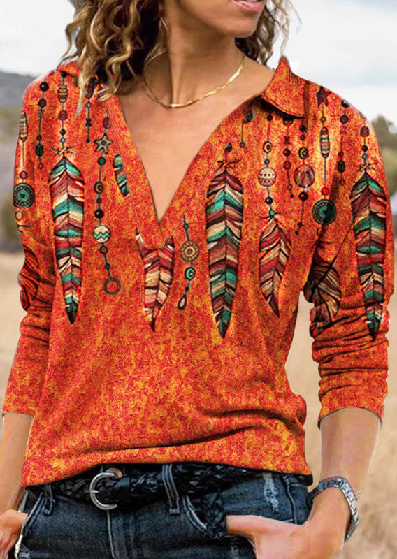 

Feather Long Sleeve V-Neck Blouse - Orange, 526532