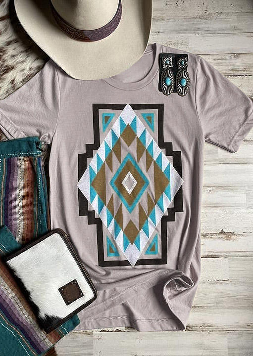 Buy Aztec Geometric O-Neck T-Shirt Tee - Light Grey. Picture