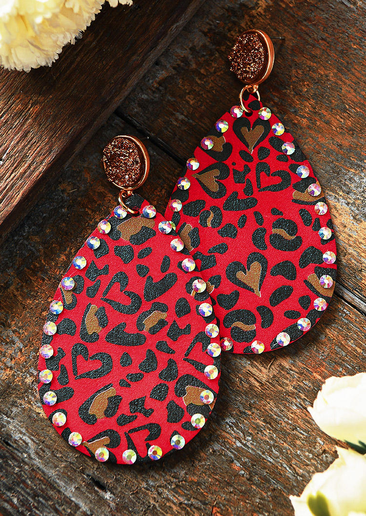 

Rhinestone Leopard Heart Earrings, Red, 526860
