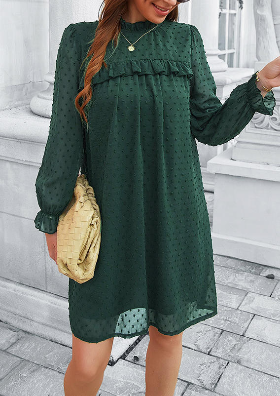 Ruffled Dotted Swiss Elastic Cuff Mini Dress - Dark Green