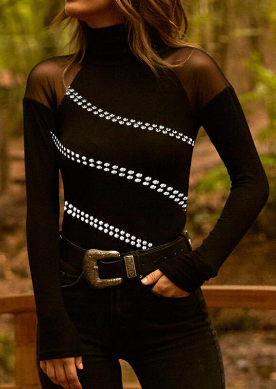 

Rhinestone Mesh Splicing Blouse - Black, 527432