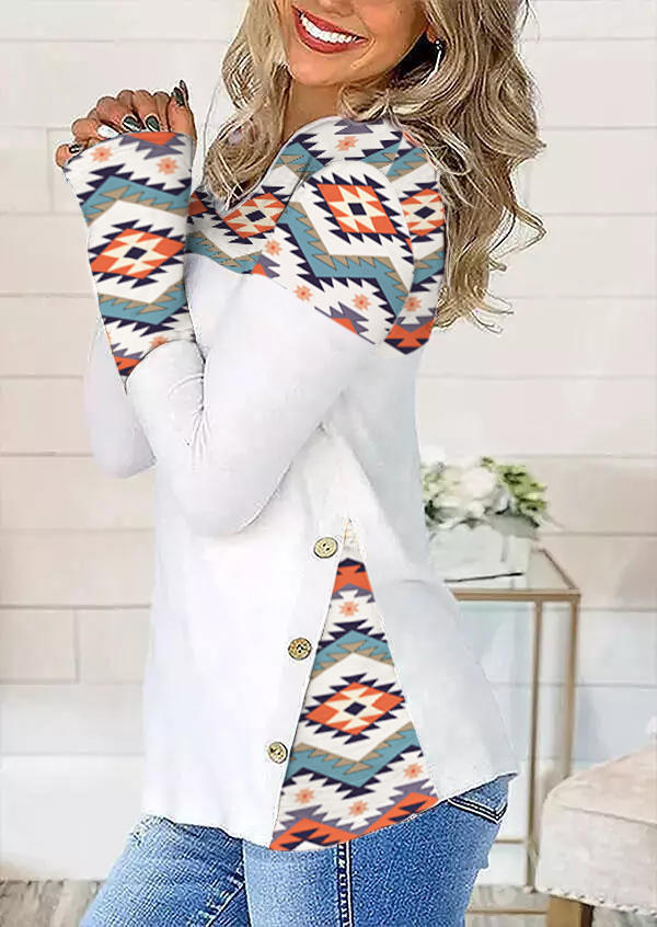 

Aztec Geometric Button Long Sleeve Blouse, White, 527443