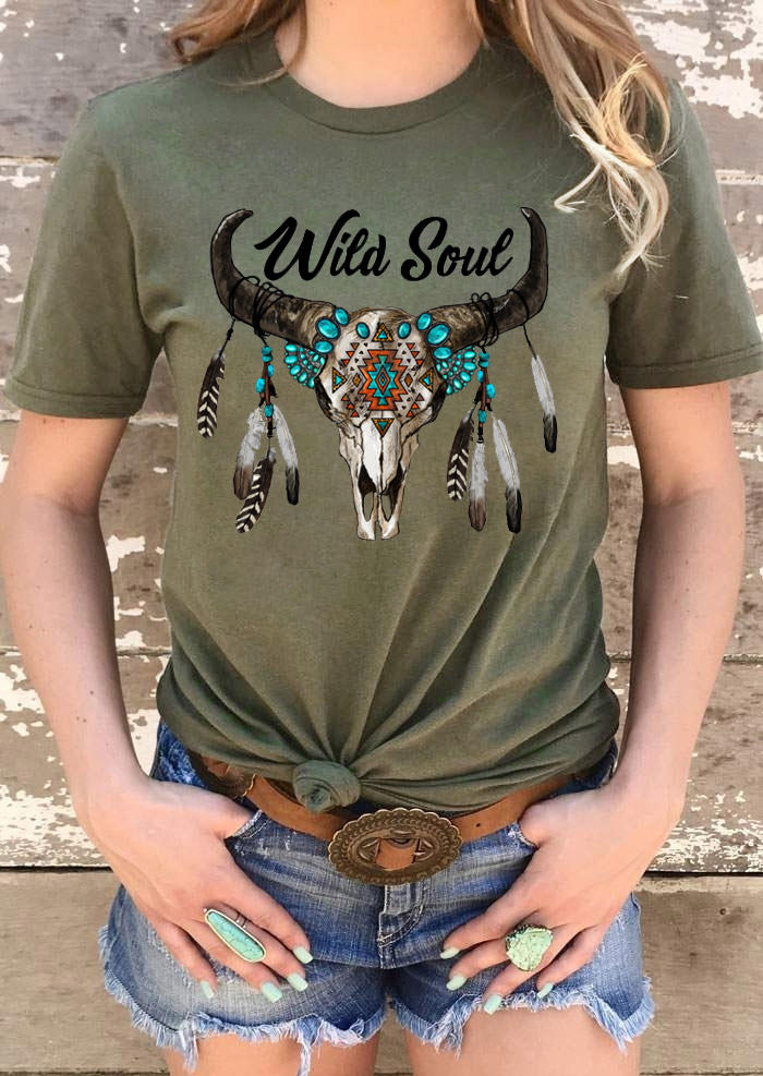 Wild Soul Steer Skull Feather Aztec Geometric T-Shirt Tee - Army Green