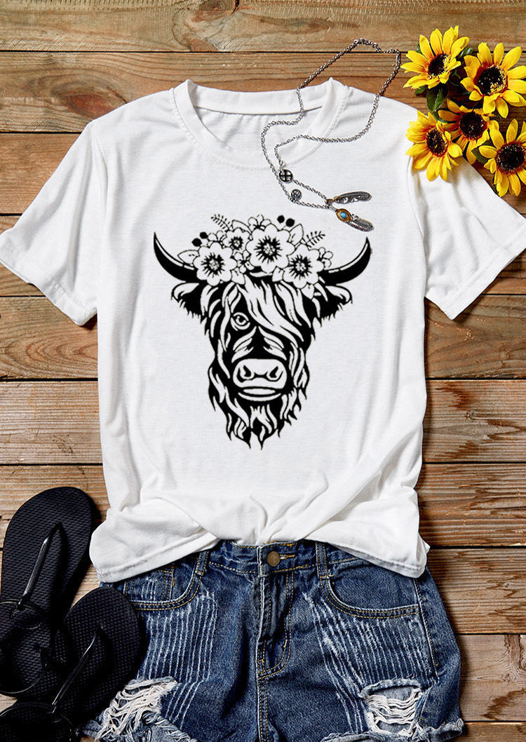 

Western Steer Skull Floral T-Shirt Tee - White, 527508