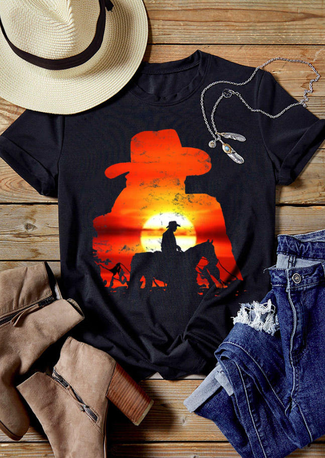 

Cowboy Sunset O-Neck T-Shirt Tee - Black, 527531