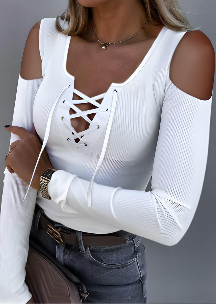 

Lace Up Cold Shoulder Blouse - White, SCM000062