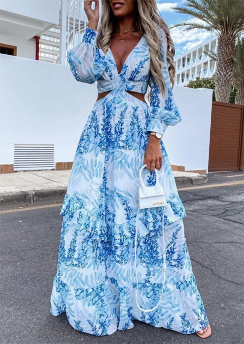 

Leaf Hollow Out V-Neck Maxi Dress - Blue, 526752