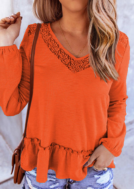 

Ruffled Lace Splicing Long Sleeve Blouse - Orange, 526890