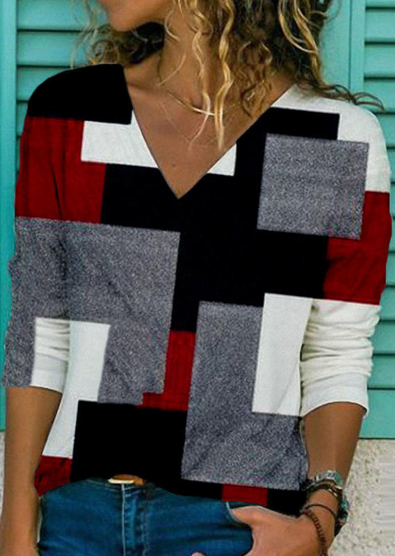 

Color Block V-Neck Long Sleeve Blouse, Multicolor, 526892
