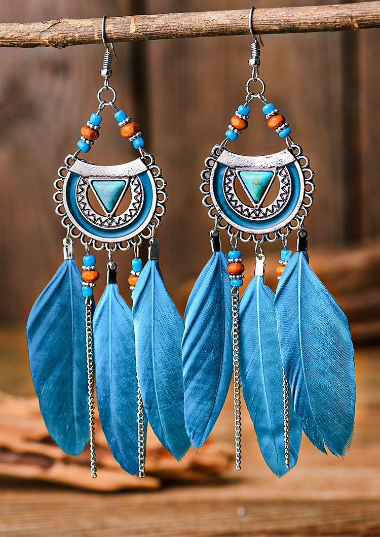 

Bohemian Turquoise Beading Feather Earrings, Cyan, 526943