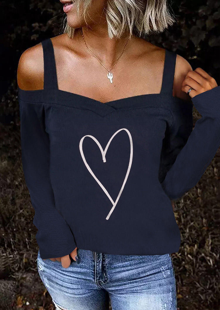 Valentine Love Heart Cold Shoulder Sweater - Navy Blue