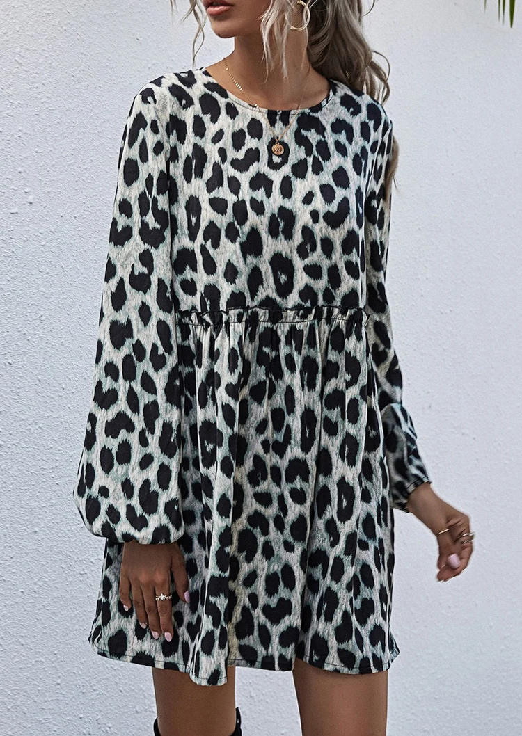 Leopard Ruffled Long Sleeve Mini Dress