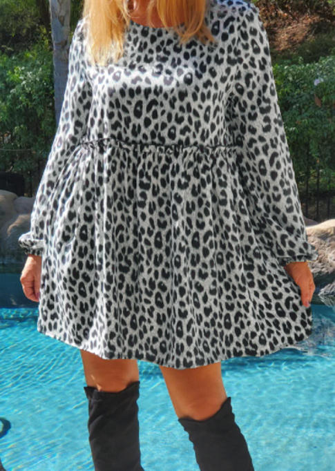 Leopard Ruffled Long Sleeve Mini Dress