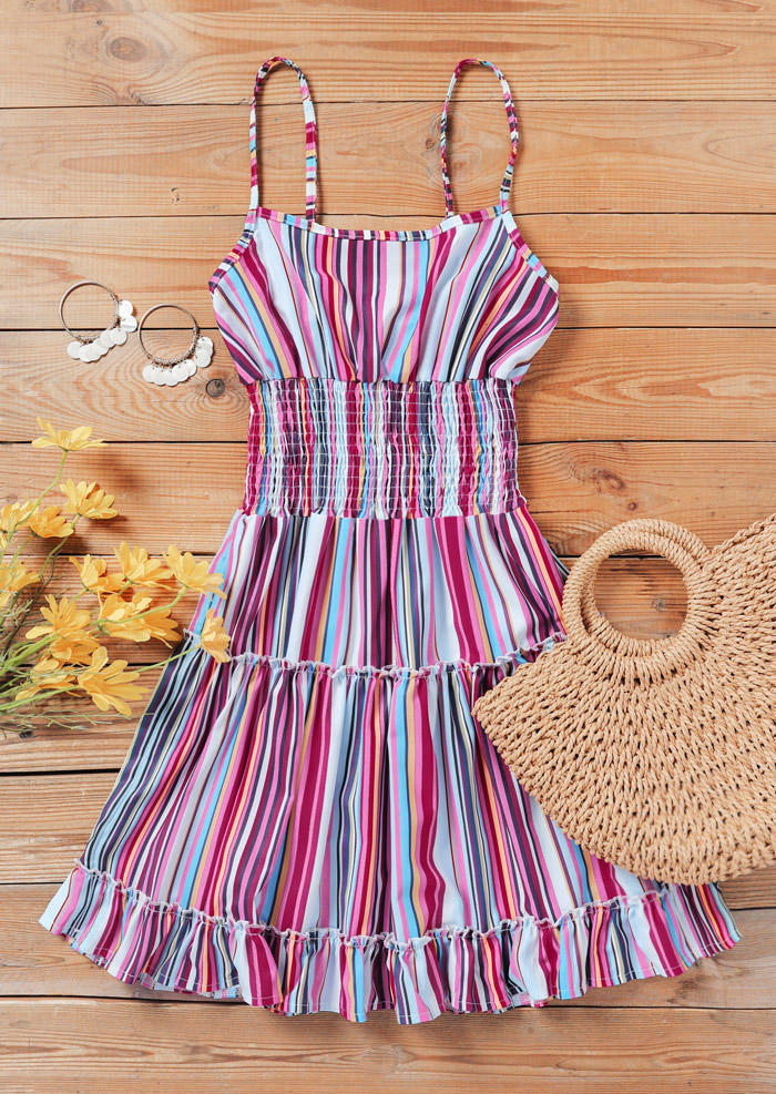 Vertical Striped Smocked Spaghetti Strap Mini Dress