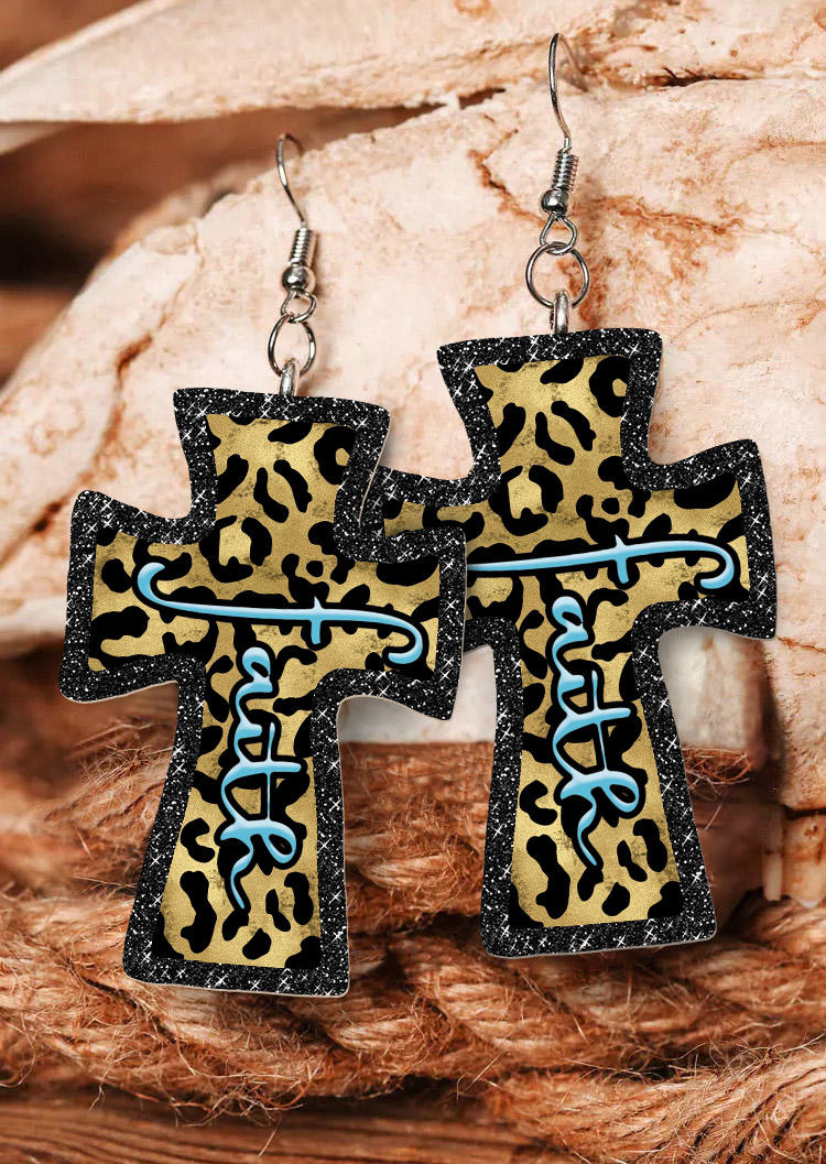 

Leopard Glitter Faith Cross Earrings, Multicolor, 527116