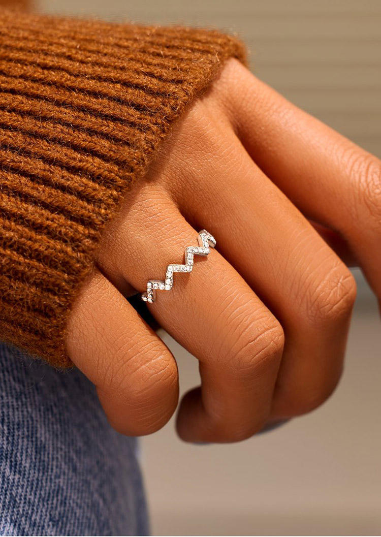 

Wave Rhinestone Alloy Open Ring, Silver, 527342