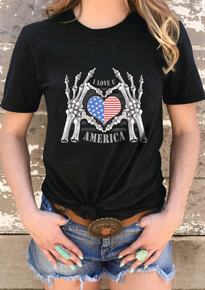 

I Love You America Skeleton Hand T-Shirt Tee - Black, 527495