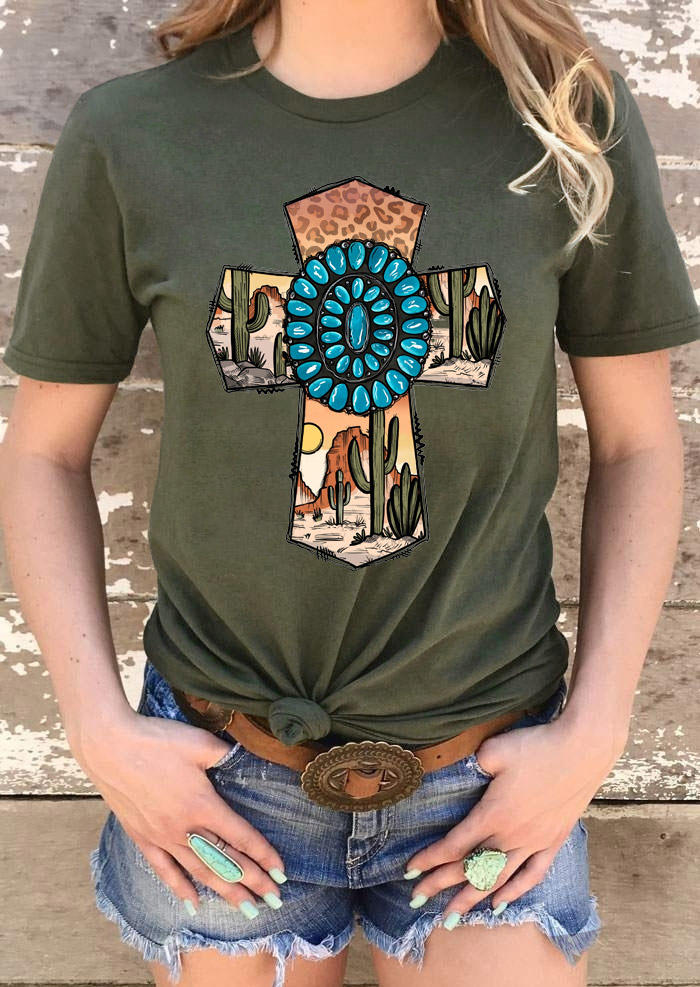 

Turquoise Cross Leopard Cactus T-Shirt Tee - Army Green, 527506