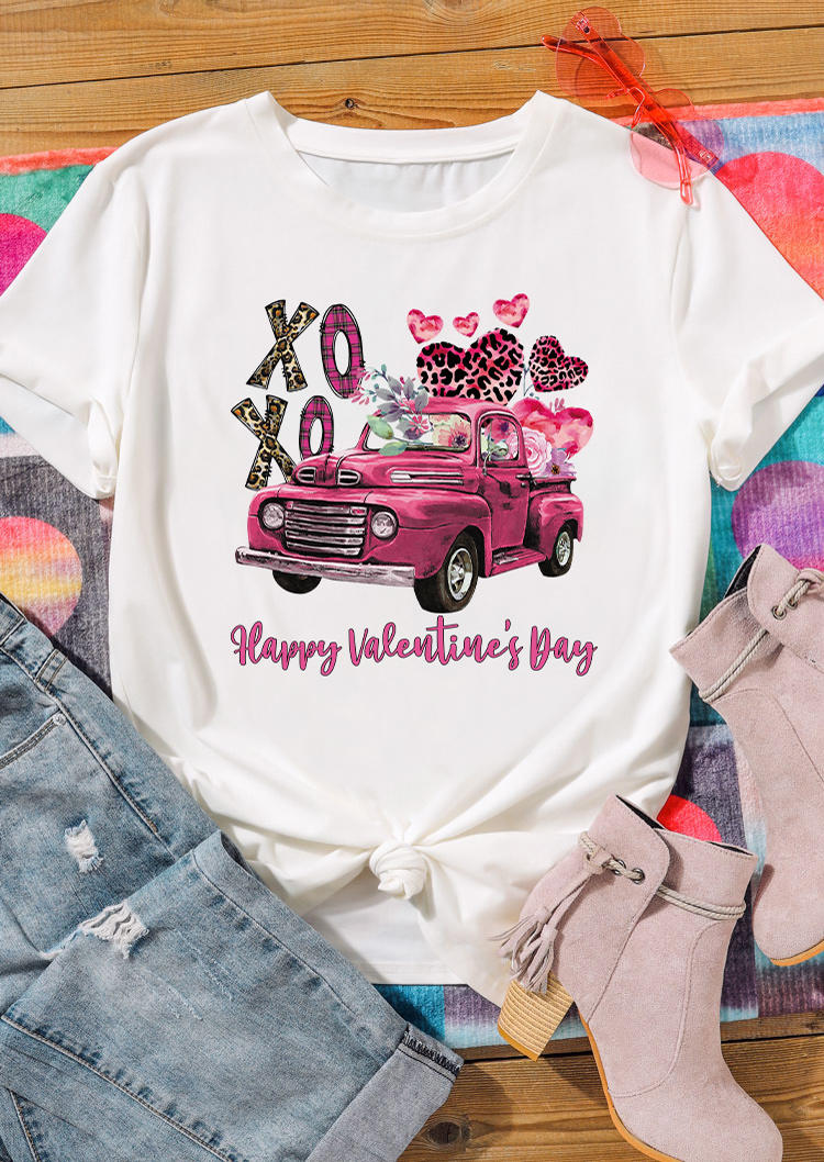 

Happy Valentine' Day Leopard Heart T-Shirt Tee - White, 526531