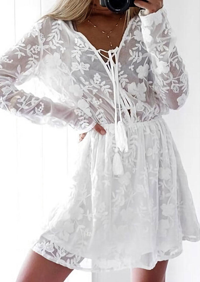 Lace Tie Tassel Long Sleeve Mini Dress - White