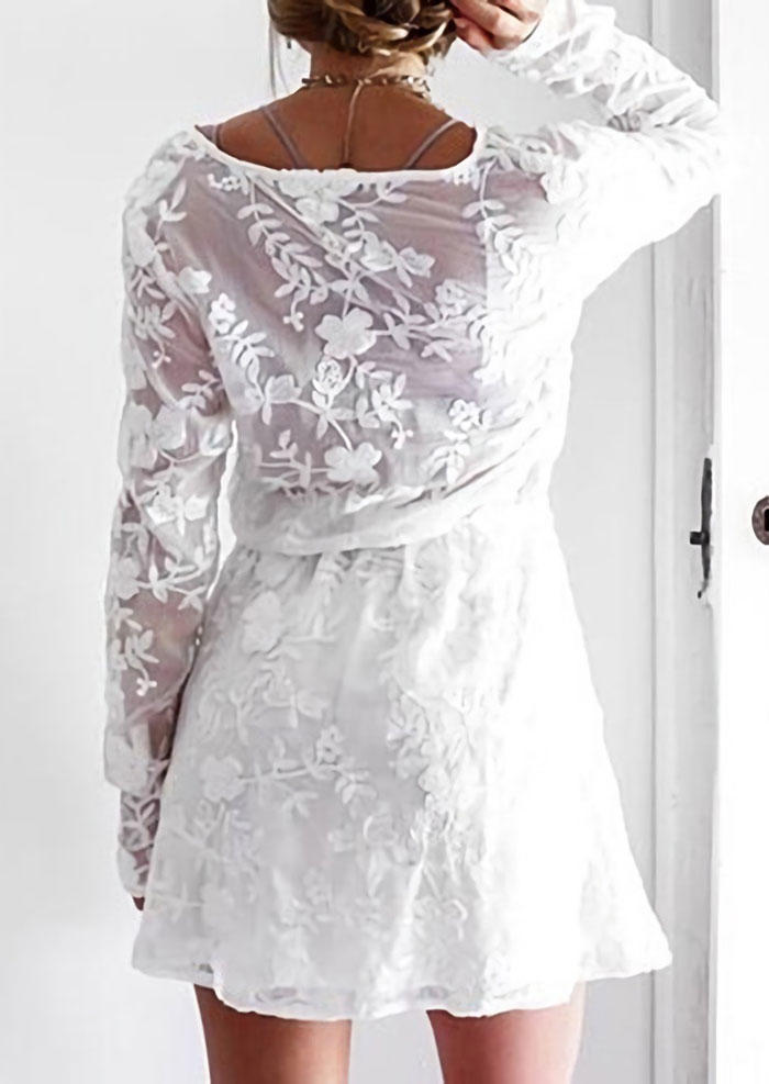 Lace Tie Tassel Long Sleeve Mini Dress - White